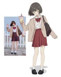  1girl backpack bag black_footwear blush bow bowtie brown_hair closed_eyes closed_mouth drinking_straw facing_viewer highres long_sleeves original pinponpo pleated_skirt red_bow red_skirt school_bag school_uniform shirt shoes short_hair skirt sleeves_past_wrists socks standing white_shirt 