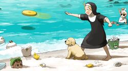  3girls :d beach bird blonde_hair bone brown_hair cat chicken closed_eyes clumsy_nun_(diva) diva_(hyxpk) dog duck duckling english_commentary frisbee froggy_nun_(diva) golden_retriever habit highres little_nuns_(diva) multiple_girls nun ocean old-fashioned_swimsuit one-piece_swimsuit smile spicy_nun_(diva) sunglasses swim_cap swimsuit traditional_nun white_one-piece_swimsuit 