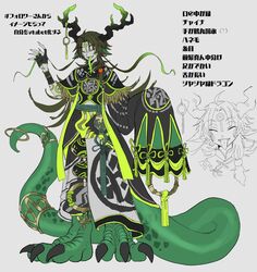  1boy animal_feet asymmetrical_sleeves bifuteki_(bi_futeki) claws closed_eyes colored_skin colored_tongue dragon_boy dragon_tail eastern_dragon_horns fingernails full_body green_hair green_tongue grey_background grey_skin highres long_hair long_sleeves long_tongue male_focus monster_boy original sharp_fingernails simple_background sleeves_past_fingers sleeves_past_wrists tail tail_ornament tail_ring tongue tongue_out translation_request uneven_sleeves very_long_hair very_long_tail 