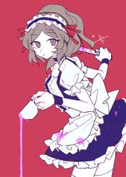  1girl apron back_bow black_choker black_dress black_hairband black_wristband blood blood_on_clothes blood_on_knife blouse bow brown_eyes brown_hair center_frills choker collarbone commentary_request cowboy_shot cup danganronpa_(series) danganronpa_another danganronpa_another:_another_despair_academy dress eyelashes frilled_apron frilled_choker frilled_dress frilled_hairband frilled_sleeves frills hair_bow hairband highres holding holding_cup holding_knife katasu_yasumi knife leaning_forward long_hair maid parted_lips pinafore_dress pink_blood ponytail puffy_short_sleeves puffy_sleeves red_background red_bow shirt short_dress short_sleeves simple_background sleeveless sleeveless_dress solo sparkle spilling taira_akane teacup thigh-highs waist_apron white_apron white_bow white_shirt white_thighhighs 