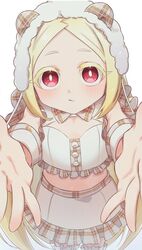  1girl blonde_hair blush bow bowtie breasts cleavage_cutout closed_mouth clothing_cutout dress frilled_skirt frills fur_hat fuurinura hat highres long_hair looking_at_viewer mahou_shoujo_ni_akogarete midriff morino_korisu outstretched_arms pout red_eyes simple_background skirt small_breasts solo very_long_hair white_background white_dress white_hat 