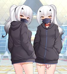  2girls between_legs black_hair black_shirt blunt_bangs blush character_request collar cowboy_shot day fate/grand_order fate_(series) gradient_hair hands_in_pockets hood hood_down hooded_jacket huoji_(wonderturkey) jacket long_hair looking_at_viewer mask melusine_(fate) mouth_mask multicolored_hair multiple_girls no_pants orange_eyes outdoors ponytail public shirt sweat thighlet tokyo_big_sight 