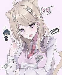  1boy 1girl :d ahoge akamatsu_kaede animal_ears blonde_hair blush bow breasts cat_ears cat_girl cat_tail chibi danganronpa_(series) danganronpa_v3:_killing_harmony fang hand_up large_breasts long_sleeves necktie pink_background pink_bow pink_eyes pink_sweater_vest red_necktie saihara_shuichi shima_(fm_90mhz) simple_background smile solo_focus sweater_vest tail 