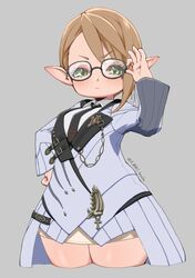  1girl a-maki_tasuke absurdres adjusting_eyewear black_necktie blue_coat breasts brown_hair chain character_request coat commentary_request cowboy_shot cropped_legs final_fantasy final_fantasy_xiv frown glasses green_eyes grey_background hand_on_own_hip highres lalafell medium_breasts miniskirt necktie pointy_ears shortstack skirt solo thick_thighs thighs twitter_username v-shaped_eyebrows wide_hips 