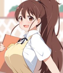  1girl :d apron black_ribbon blurry blurry_background blush breasts brown_eyes brown_hair commentary_request dou-t from_side hair_between_eyes hand_up happy highres holding holding_menu indoors large_breasts long_hair looking_at_viewer menu neck_ribbon open_mouth ponytail ribbon shirt short_sleeves sidelocks smile solo taneshima_popura tareme very_long_hair waitress white_shirt working!! yellow_apron 