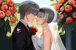  1boy 1girl bare_shoulders black_hairband black_necktie black_vest blush breasts bridal_veil caelus_(honkai:_star_rail) collared_shirt dress firefly_(honkai:_star_rail) flower gloves grey_hair groom hair_between_eyes hair_bun hairband hon_(shhonsr) honkai:_star_rail honkai_(series) long_hair looking_at_another medium_breasts necktie rose shirt short_hair single_hair_bun smile trailblazer_(honkai:_star_rail) two-tone_eyes upper_body veil vest wedding_dress white_gloves yellow_eyes 