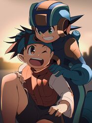  3suisousui black_shorts blue_bodysuit blue_helmet bodysuit brothers brown_eyes brown_hair green_eyes helmet highres lan_hikari_(mega_man) mega_man_(series) mega_man_battle_network_(series) megaman.exe one_eye_closed open_mouth orange_vest shirt short_hair shorts siblings smile teeth tongue twins upper_teeth_only vest white_shirt 