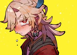  1boy blonde_hair blush braid coat crying earrings feather_hair_ornament feathers genshin_impact hair_ornament jewelry kaveh_(genshin_impact) long_hair looking_at_viewer necklace nploser parted_lips red_coat simple_background solo upper_body yellow_background yellow_eyes 