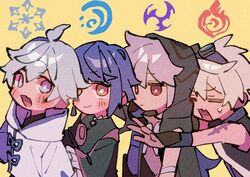  4boys bennett_(genshin_impact) black_coat black_jacket blue_eyes blue_hair blush chongyun_(genshin_impact) coat cryo_symbol_(genshin_impact) earrings electro_symbol_(genshin_impact) genshin_impact goggles goggles_on_head hood hood_down hooded_coat hoodie hydro_symbol_(genshin_impact) jacket jewelry looking_to_the_side multiple_boys nploser open_mouth pyro_symbol_(genshin_impact) razor_(genshin_impact) simple_background sleeveless sleeveless_coat smile tassel tassel_earrings white_hair white_hoodie xingqiu_(genshin_impact) yellow_background yellow_eyes 