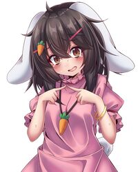  1girl animal_ears blush brown_eyes brown_hair carrot carrot_hair_ornament carrot_necklace commentary_request dress floppy_ears food-themed_hair_ornament hair_ornament highres inaba_tewi index_fingers_together jewelry long_hair looking_at_viewer necklace open_mouth pendant pink_dress puffy_short_sleeves puffy_sleeves rabbit_ears rabbit_girl rabbit_tail short_sleeves simple_background siw0n solo sweat tail textless_version touhou white_background x_hair_ornament 