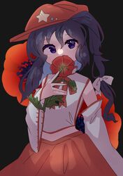  1girl bare_shoulders black_background cabbie_hat covered_mouth covering_own_mouth detached_sleeves dolls_in_pseudo_paradise flat_cap flower flower_over_mouth hat hat_ornament highres kimura8556spsk label_girl_(dipp) long_hair long_skirt long_sleeves looking_at_viewer mandarin_collar midriff neck_ribbon purple_hair red_hat red_ribbon red_skirt ribbon shirt side_ponytail simple_background skirt solo star_(symbol) star_hat_ornament touhou violet_eyes white_shirt white_sleeves wide_sleeves 