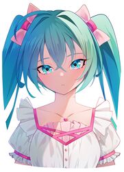  1girl absurdres aqua_eyes aqua_hair bow buttons closed_mouth collarbone commentary cropped_torso crossed_bangs english_commentary expressionless eyebrows_hidden_by_hair hair_between_eyes hair_bow hair_intakes hatsune_miku heart highres ji-rex long_hair looking_at_viewer pink_bow puffy_short_sleeves puffy_sleeves short_sleeves simple_background solo straight-on straight_hair twintails upper_body vocaloid white_background 