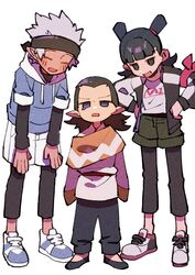  3boys aged_down black_footwear black_hair black_headband black_jacket black_leggings black_undershirt blue_eyes blush green_shorts guan_xuan_(the_legend_of_luoxiaohei) headband highres jacket leggings letterman_jacket long_sleeves luo_xiaohei_zhanji multiple_boys nezha_(the_legend_of_luoxiaohei) nploser open_mouth pointy_ears shirt shorts simple_background smile white_background white_hair white_shirt yi_feng_(the_legend_of_luoxiaohei) 