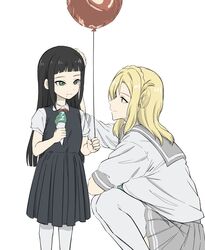  2girls aged_down balloon black_hair blonde_hair child dress green_eyes grey_sailor_collar grey_skirt hand_on_another&#039;s_head highres holding holding_balloon kurosawa_dia long_hair looking_at_another love_live! love_live!_sunshine!! medium_hair mole mole_under_mouth multiple_girls ohara_mari sailor_collar school_uniform shirt skirt socks squatting thigh-highs time_paradox uranohoshi_school_uniform white_background white_shirt white_socks white_thighhighs yakult1124 yellow_eyes 