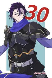  1boy armor black_gloves blue_background border countdown eiyuu_densetsu floating_scarf gloves hair_between_eyes hair_slicked_back highres japanese_armor kai_no_kiseki kuro_no_kiseki_(series) kurogane_(eiyuu_densetsu) ninja pauldrons purple_hair runrui_kaku scar scar_on_face scar_on_nose scarf short_hair shoulder_armor simple_background single_pauldron solo twitter_username two-tone_background white_border yellow_eyes 