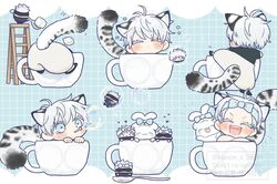  :3 black_blindfold black_shirt blindfold blowing_bubbles blue_eyes blue_hair bubble chibi chibi_only commentary_request cup gojou_satoru jujutsu_kaisen ladder light_blue_hair male_focus minimized mug multiple_persona pants sappe_s_0634 shirt short_hair snow_leopard_boy snow_leopard_ears snow_leopard_tail spoon white_pants 