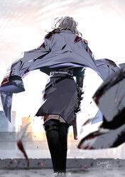  1girl belt blonde_hair blood blood_on_clothes blurry blurry_background boots coat coat_on_shoulders from_behind from_below gloves grey_coat grey_hair grey_skirt gun highres holding holding_gun holding_weapon langley_(path_to_nowhere) meitangsiyan path_to_nowhere rooftop signature skirt solo strap thigh_boots weapon white_belt wide_sleeves 