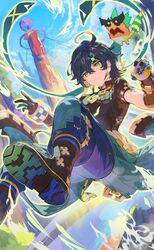  1boy absurdres ajaw_(genshin_impact) black_hair black_shirt blonde_hair boots closed_mouth clouds commentary_request day genshin_impact gloves green_eyes green_hair hair_between_eyes hair_ribbon headband highres holding kinich_(genshin_impact) looking_at_viewer male_focus mountain multicolored_hair necomi outdoors pants ribbon shirt short_sleeves sky 