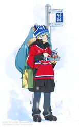  absurdres alternate_costume aqua_eyes aqua_hair aurahack bag beanie black_coat black_footwear blue_beanie blue_pants boots brown_hair bus_stop coat cup disposable_cup drinking_straw eating fleur-de-lis fork full_body fur-trimmed_coat fur_trim gradient_hair hat hatsune_miku highres holding holding_fork jersey long_hair montreal_canadiens multicolored_hair national_hockey_league pants pepsi pom_pom_(clothes) pom_pom_beanie poutine shopping_bag soda standing twintails vocaloid winter_clothes 