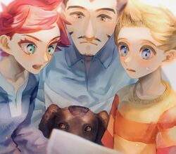  1girl 2boys blonde_hair blue_eyes blue_hoodie blush boney brown_hair dog dress duster_(mother) hat highres hood hooded_dress hoodie kumatora lucas_(mother_3) male_focus mothe3_n1212 mother_(game) mother_3 multiple_boys open_mouth pink_hair shirt short_hair short_sleeves smile solo striped_clothes striped_shirt 