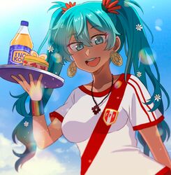  1girl aqua_eyes aqua_hair borrowed_design bottle earrings hatsune_miku holding holding_bottle holding_tray inca_kola jewelry long_hair peru peruvian_football_federation smile soda solo tray twintails vocaloid ximsol182 