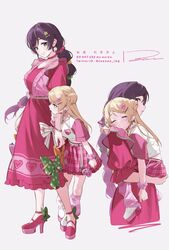  2girls age_difference aged_down ayase_eli blonde_hair carrying child dress green_eyes highres love_live! love_live!_school_idol_project multiple_girls pink_dress purple_hair ribbon sleeping tojo_nozomi watermark white_background yuri zawawa_(satoukibi1108) 