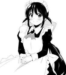  1girl andou_mahoro apron ascot black_hair blush closed_mouth collared_shirt commentary_request cowboy_shot cowlick dou-t fingernails frilled_apron frills hair_between_eyes juliet_sleeves long_hair long_sleeves looking_at_viewer low_ponytail mahoromatic maid maid_apron maid_headdress monochrome own_hands_together puffy_sleeves shirt sidelocks simple_background sitting smile solo split_mouth two_side_up v_arms very_long_hair white_background 