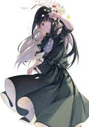  1girl akemi_homura akemi_homura_(black_dress) arm_up bare_arms black_hair black_hairband black_ribbon black_shirt black_skirt blouse blueberry center_frills clenched_teeth colored_inner_hair commentary_request cowboy_shot eyelashes food food_on_head frilled_shirt frills fruit grey_hair hairband high-waist_skirt highres light_blush light_particles long_hair looking_at_viewer mahou_shoujo_madoka_magica mahou_shoujo_madoka_magica:_hangyaku_no_monogatari medium_skirt muhan1234567 multicolored_hair neck_ribbon object_on_head pleated_skirt puffy_short_sleeves puffy_sleeves ribbon shirt short_sleeves simple_background skirt skirt_set solo teeth very_long_hair violet_eyes white_background 