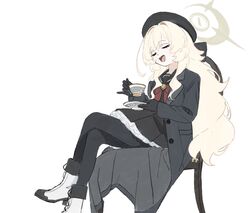  1girl black_coat black_gloves black_hat black_pantyhose blonde_hair blue_archive boots chair closed_eyes coat cup gloves gomibako_(gomibako_price) halo hat highres holding holding_cup holding_saucer long_hair long_sleeves open_clothes open_coat open_mouth pantyhose professor_niyaniya_(blue_archive) saucer sidelocks simple_background sitting solo very_long_hair white_background white_footwear 