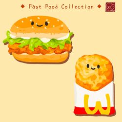  artist_logo artist_name burger chicken_(food) fast_food food food-themed_creature food_focus hash_browns highres lettuce mayonnaise no_humans original sesame_seeds simple_background smile yellow_background yuki00yo 