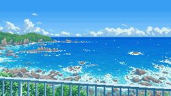  blue_sky clouds day fence grass hill horizon landscape maruimeuo nature no_humans ocean original outdoors railing rock scenery shore sky tree water waves 