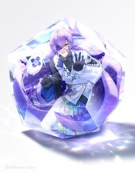  1boy air_bubble aqua_eyes asymmetrical_sleeves black_gloves black_shirt bubble chain chikuwa_(rinka) collared_shirt cracked_skin creature crossed_bangs crystal encasement extra_teeth full_body galaxy gloves hair_between_eyes highres hollow_body holographic_clothing hoshirube_sho jacket kneeling long_hair long_sleeves looking_at_viewer male_focus multicolored_hair nijisanji one-eyed pants pants_under_skirt parted_lips purple_hair refraction shadow shirt simple_background single_sleeve solo streaked_hair tentacle_hair tentacles twitter_username virtual_youtuber white_background white_jacket white_pants 