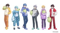  6+boys :d adjusting_clothes ahoge animal_slippers aqua_footwear black_choker black_footwear black_hair black_nails black_pants black_sleeves blonde_hair blue_coat blue_eyes blue_footwear blue_hair blue_hoodie blue_pants brown_hair carrying carrying_over_shoulder carrying_under_arm cat_hair_ornament cat_slippers choker closed_mouth coat collar_tug copyright_notice crossed_bangs drawstring food fruit full_body grey_hair grey_hoodie grin hair_ornament hairclip haizai hand_in_pocket hand_on_own_hip heterochromia holding holding_stuffed_toy hood hood_down hooded_jacket hoodie horizontal-striped_pants hugging_object jacket kaito_(meropaka) kanome_(meropaka) light_blush long_sleeves looking_at_viewer melon melon_parker melon_print multicolored_hair multiple_boys nail_polish naroya_(meropaka) nokki_(meropaka) off_shoulder official_art open_clothes open_coat open_jacket orange_pants pants purple_footwear purple_hoodie purple_pants red_eyes red_footwear red_jacket red_pants redhead samurai_shou_(meropaka) shirt short_hair simple_background slippers smile soraneko_(meropaka) standing sticker_on_face streaked_hair striped_clothes striped_pants stuffed_toy t-shirt teeth upper_teeth_only utaite violet_eyes white_background white_shirt yellow_footwear yellow_jacket 