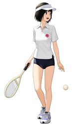  1girl ball black_buruma black_eyes black_hair buruma full_body hat highres holding_tennis_racket looking_to_the_side maburu_(lojyq1eur3e8bit) open_mouth original polo_shirt shoes simple_background sneakers solo sportswear standing tennis tennis_ball tennis_uniform visor_cap white_background white_footwear white_hat wite_shirt 