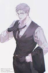  1boy black_gloves black_necktie black_pants black_vest cowboy_shot glass glasses gloves grey_hair grin highres ilay_riegrow long_sleeves looking_at_viewer male_focus necktie necktie_grab neckwear_grab pants passion_(manhwa) shirt short_hair simple_background smile solo twitter_username vest white_background white_shirt whiteislife_4 