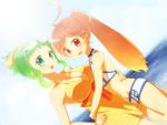  alternate_hairstyle beach bikini bow breast_press breasts cleavage cloud clouds dutch_angle flat_chest glasses gradient_hair green_eyes green_hair gumi large_breasts miki_(vocaloid) multicolored_hair ocean open_mouth oumi_sanaka ponytail red_eyes red_hair redhead sf-a2_miki sky smile swimsuit vocaloid 