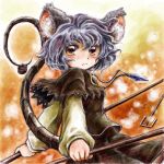 basket capelet dowsing_rod dowsing_rods grey_hair highres jewelry long_tail looking_back mouse mouse_ears mouse_tail nanashii_(soregasisan) nazrin pendant short_hair solo tail tail_raised touhou