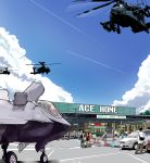  5boys 
2girls 
shin-chan_(k1shinno) ah-64_apache airplane car cloud condensation_trail f-35 fighter_jet helicopter highres jet military motor_vehicle multiple_boys multiple_girls original shopping vehicle 
