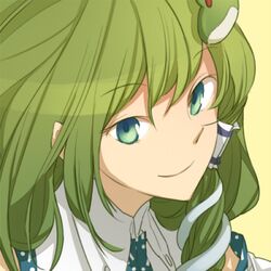  blue_eyes face frog green_hair hair_ornament kochiya_sanae lowres nakatani smile solo touhou 