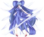 alternate_hairstyle bad_id blue_eyes blue_hair bow cirno dress hair_bow high_heels impossible_clothes impossible_dress large_bow long_hair mikan_(5555) pigeon-toed ribbon shoes standing touhou transparent_background very_long_hair 