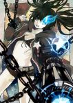  arm_cannon bad_id bandaid belt bikini_top black_hair black_rock_shooter black_rock_shooter_(character) blue_eyes chain checkered checkered_background foreshortening front-tie_top glowing glowing_eye glowing_eyes highres honenoumi jacket midriff nail_polish open_mouth short_shorts shorts solo star stitches tears twintails weapon 