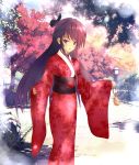  angel_beats! furisode highres japanese_clothes kimono kinchaku long_hair phantania purple_hair red_eyes shiina_(angel_beats!) solo 