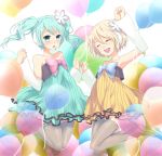  aqua_eyes aqua_hair bad_id balloon blonde_hair bow colorful_x_melody_(vocaloid) detached_sleeves dress earmuffs hatsune_miku kagamine_rin multiple_girls plastick project_diva project_diva_2nd short_hair smile strapless_dress thigh-highs thighhighs twintails vocaloid 
