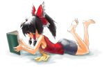  armpits ass barefoot bike_shorts black_hair book bow breasts casual feet hair_bow hakurei_reimu highres lying on_stomach ponytail reading red_eyes sideboob smile solo spider-ma touhou 