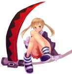  1girl blonde_hair boots colored gloves green_eyes maka_albarn miniskirt pigeon-toed pltrgst scythe sitting skirt solo soul_eater twintails weapon white_gloves wrist_cuffs 