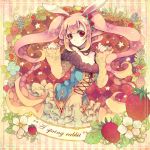  bunny_ears elaborate_frame flower food frame fruit hands long_hair original pink_hair rabbit_ears red_eyes robosuke solo strawberry twintails 