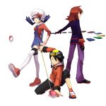  back backwards_hat baseball_cap black_hair blue_eyes blue_hair cabbie_hat crystal_(pokemon) earrings gloves goggles gold_(pokemon) grey_eyes hat hk_(nt) hoodie jacket jewelry kicking kneeling looking_back overalls pants poke_ball pokemon pokemon_special redhead shirt shoes silver_(pokemon) standing thigh-highs twintails white_thighhighs yellow_eyes 