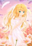  aqua_eyes blonde_hair character_request flower highres little_busters!! long_hair onokoro401 ponytail see-through sky tokido_saya twilight 