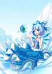  adapted_costume blue_dress blue_eyes blue_hair bow cirno colored_eyelashes crown dress eyelashes frills frog frozen hair_bow hong_(white_spider) ice lace nail_polish shiro_spider short_hair smile solo touhou wings 