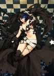  belt_skirt beltskirt bikini_top black_hair black_rock_shooter blue_eyes chain checkered checkers front-tie_top gauntlets glowing_eye greaves insane_black_rock_shooter jacket long_hair midriff na_young_lee scar star stitches twintails uneven_twintails weapon 